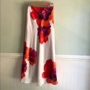 Long white skirt with purple, pink, orange pansies